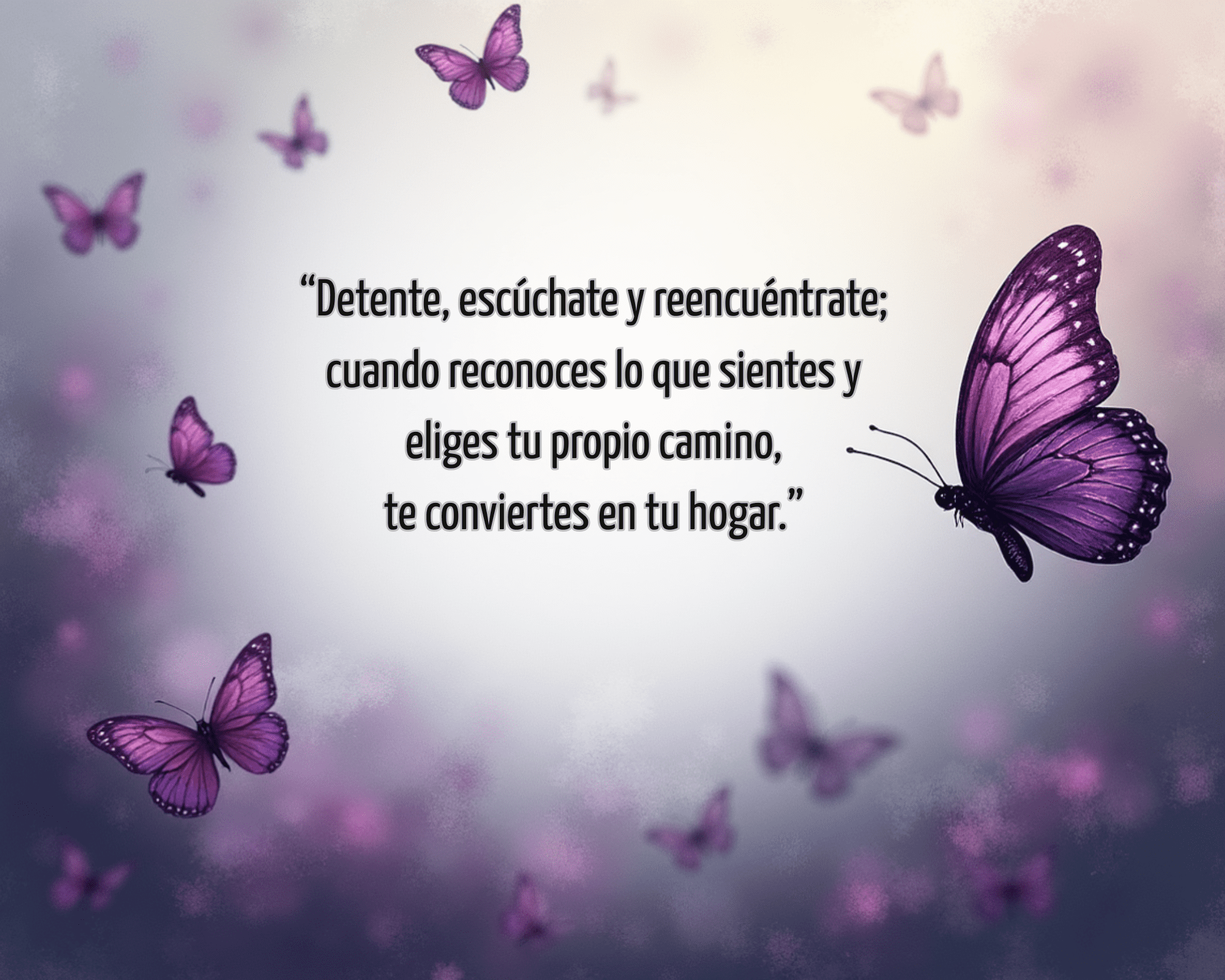 Diseño con mariposas y el texto "detente, escúchate y reencuéntrate; cuando reconoces lo que sientes y eliges tu propio camino, te conviertes en tu hogar"